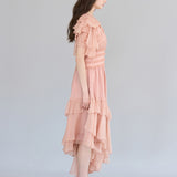 Flare sleeve wrap style asymmetric silk maxi dress - fasfas