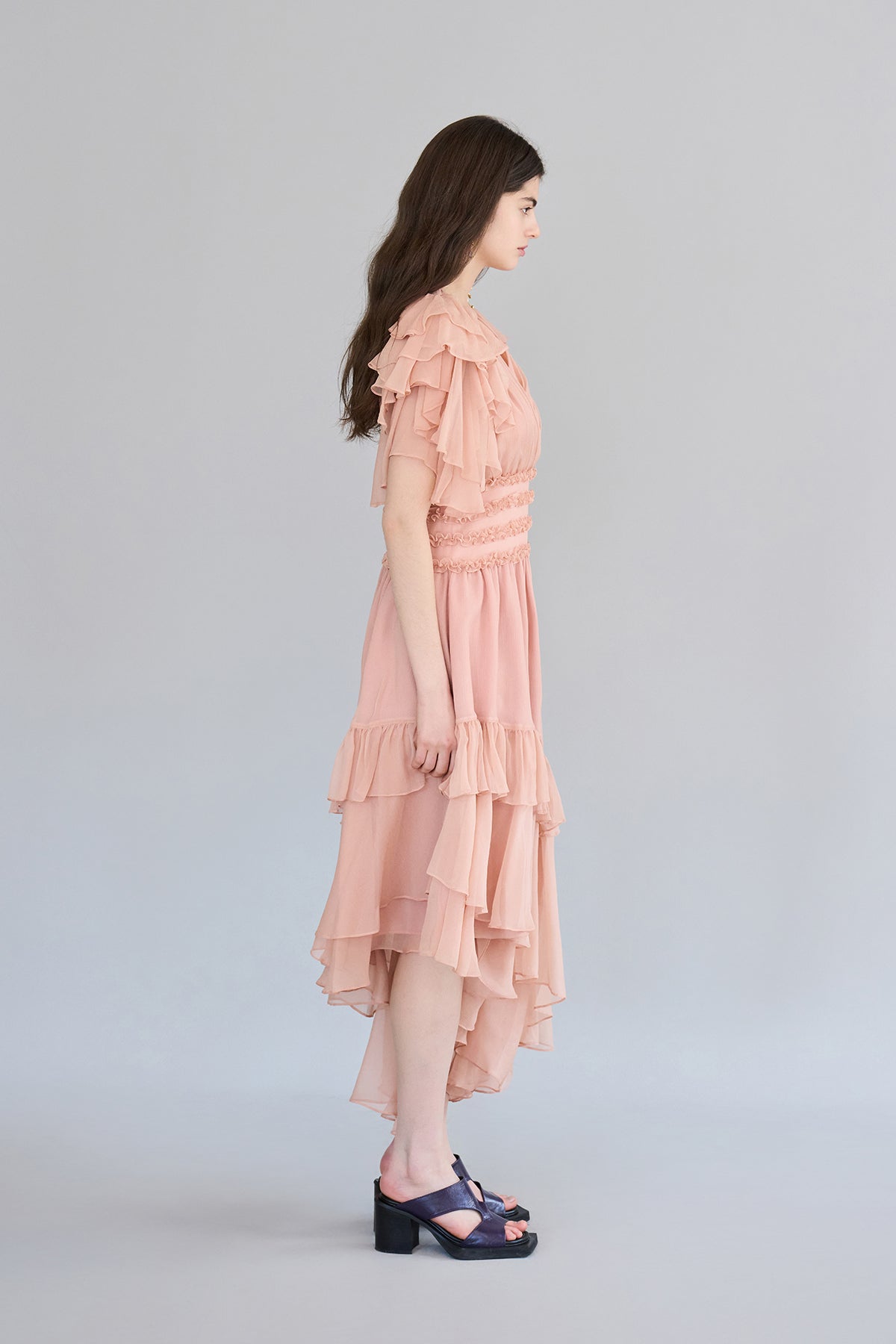 Flare sleeve wrap style asymmetric silk maxi dress - fasfas
