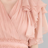 Flare sleeve wrap style asymmetric silk maxi dress - fasfas