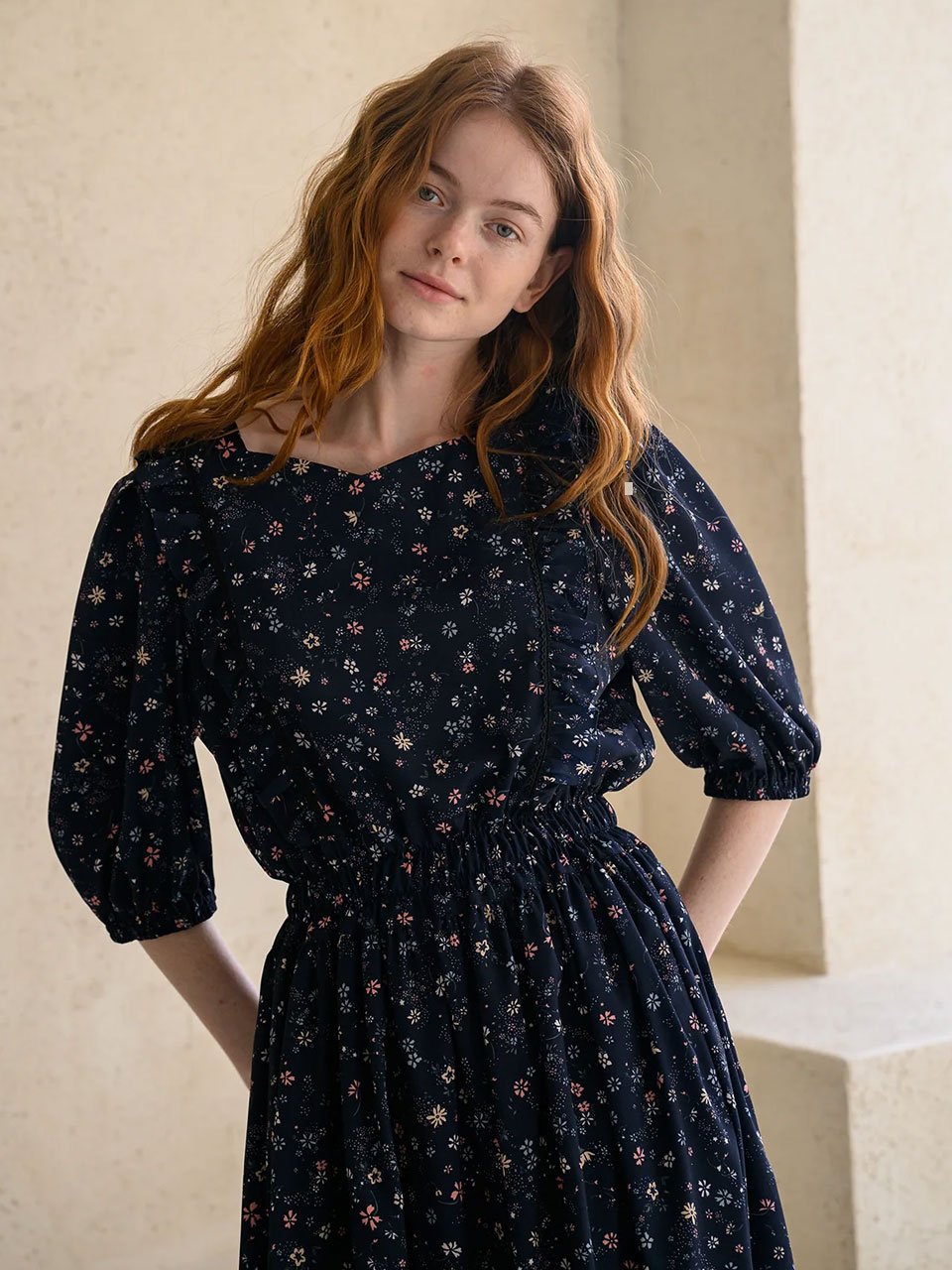 Flower pattern lovely dress navy - fasfas