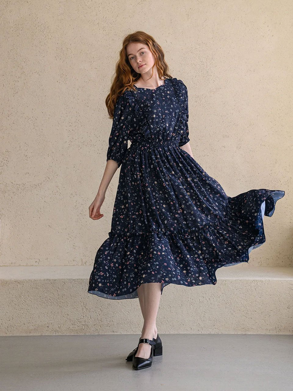 Flower pattern lovely dress navy - fasfas