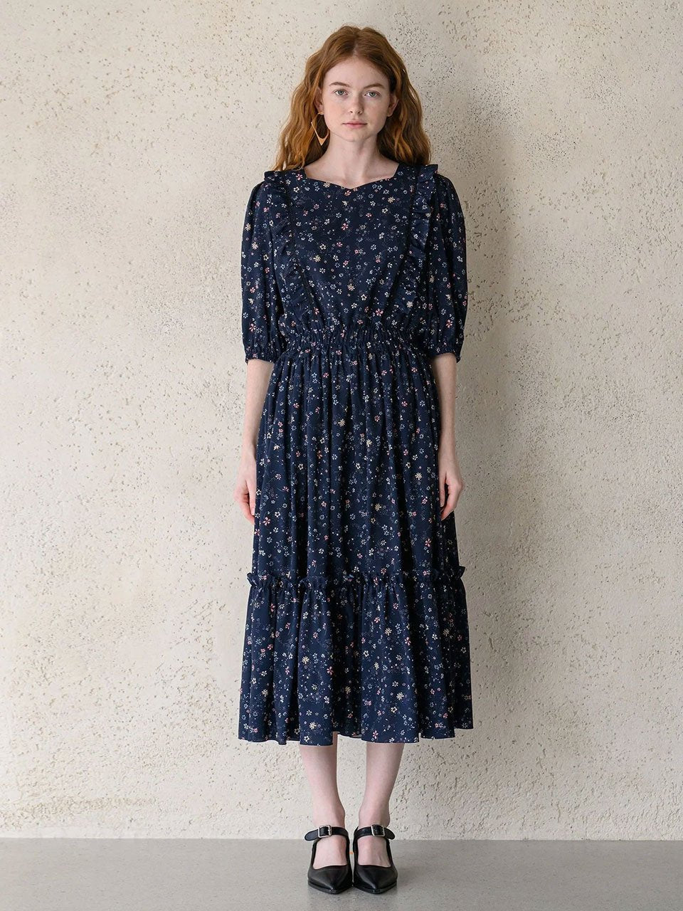 Flower pattern lovely dress navy - fasfas
