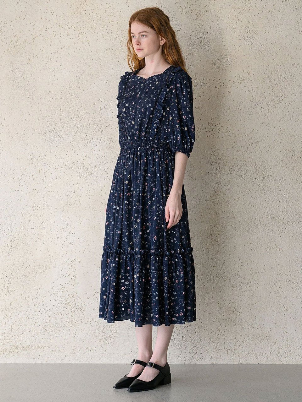 Flower pattern lovely dress navy - fasfas