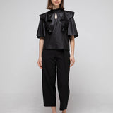 Loose fit key holder neckline ruffle blouse black