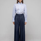 Loose fit button point stripe blouse