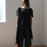 Square neck color block puff sleeve blouse