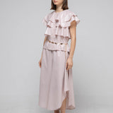 Loose fit 3-tier ruffle sleeveless blouse beige