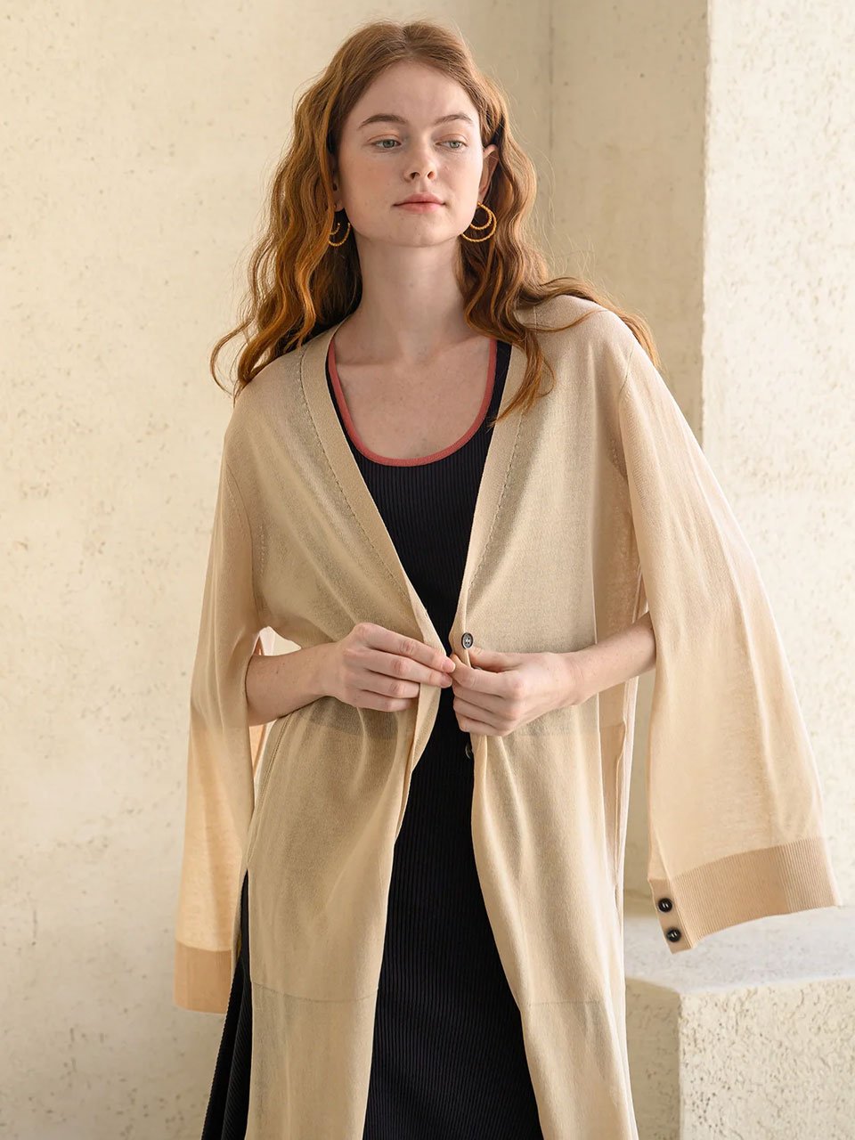 Interseasonal split sleeve long cardigan light beige - fasfas