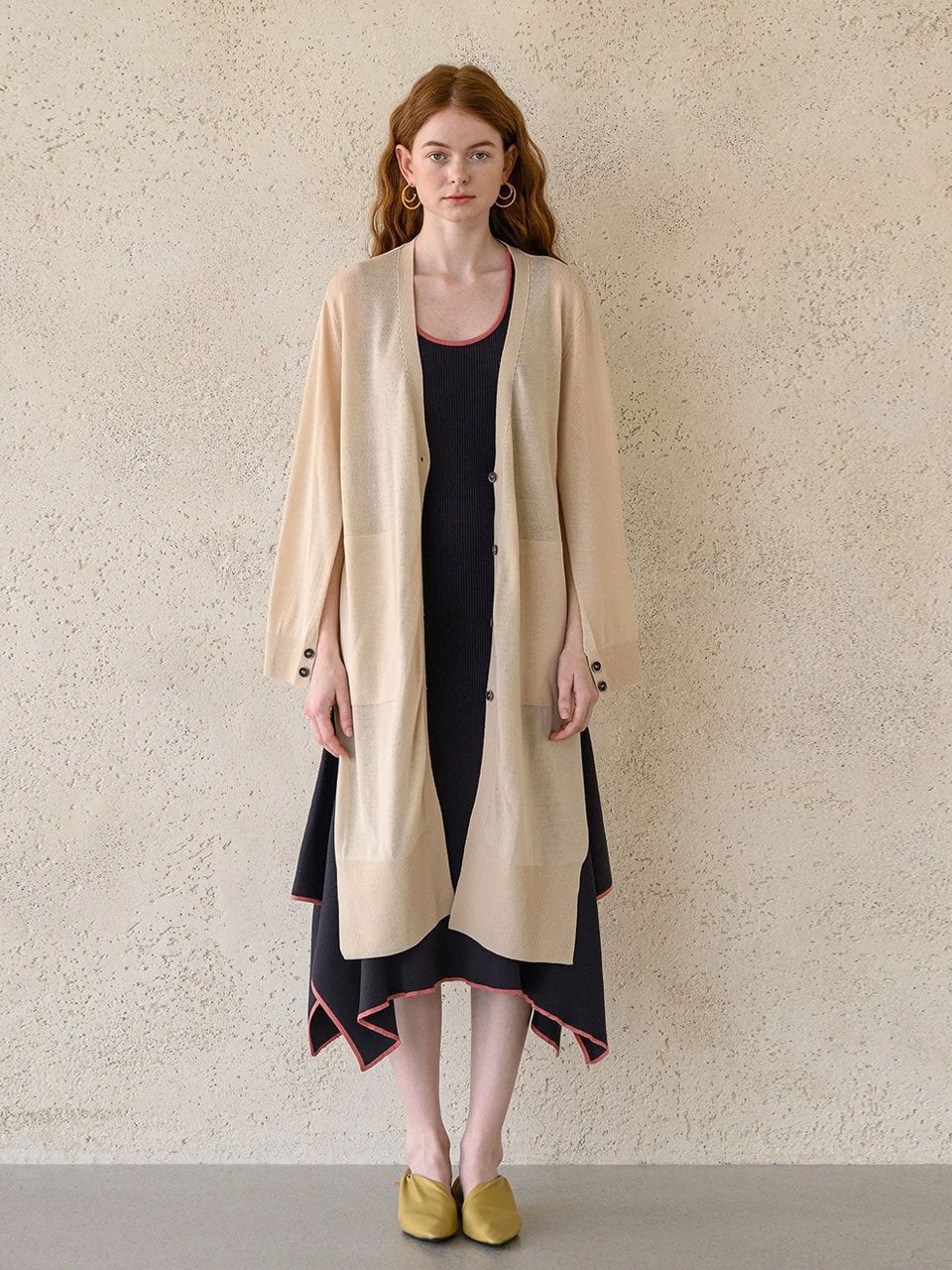 Interseasonal split sleeve long cardigan light beige - fasfas