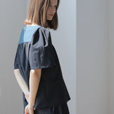 Square neck color block puff sleeve blouse