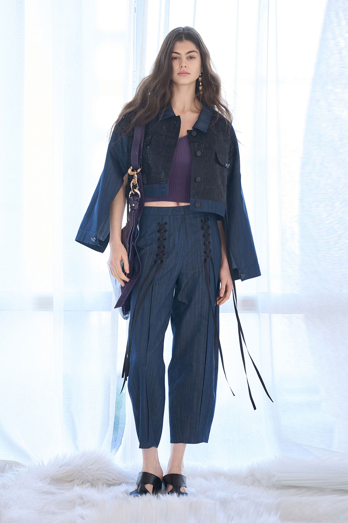 Lace-up baggy fit denim pants - fasfas