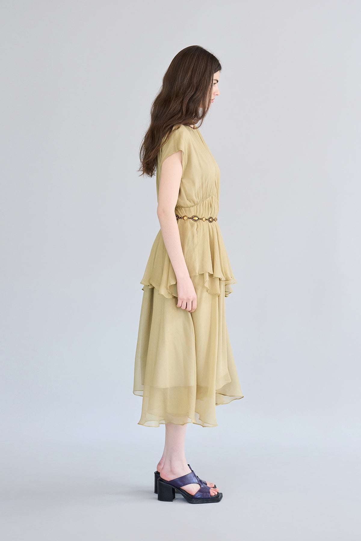Loose fit asymmetric shirring silk long dress - fasfas