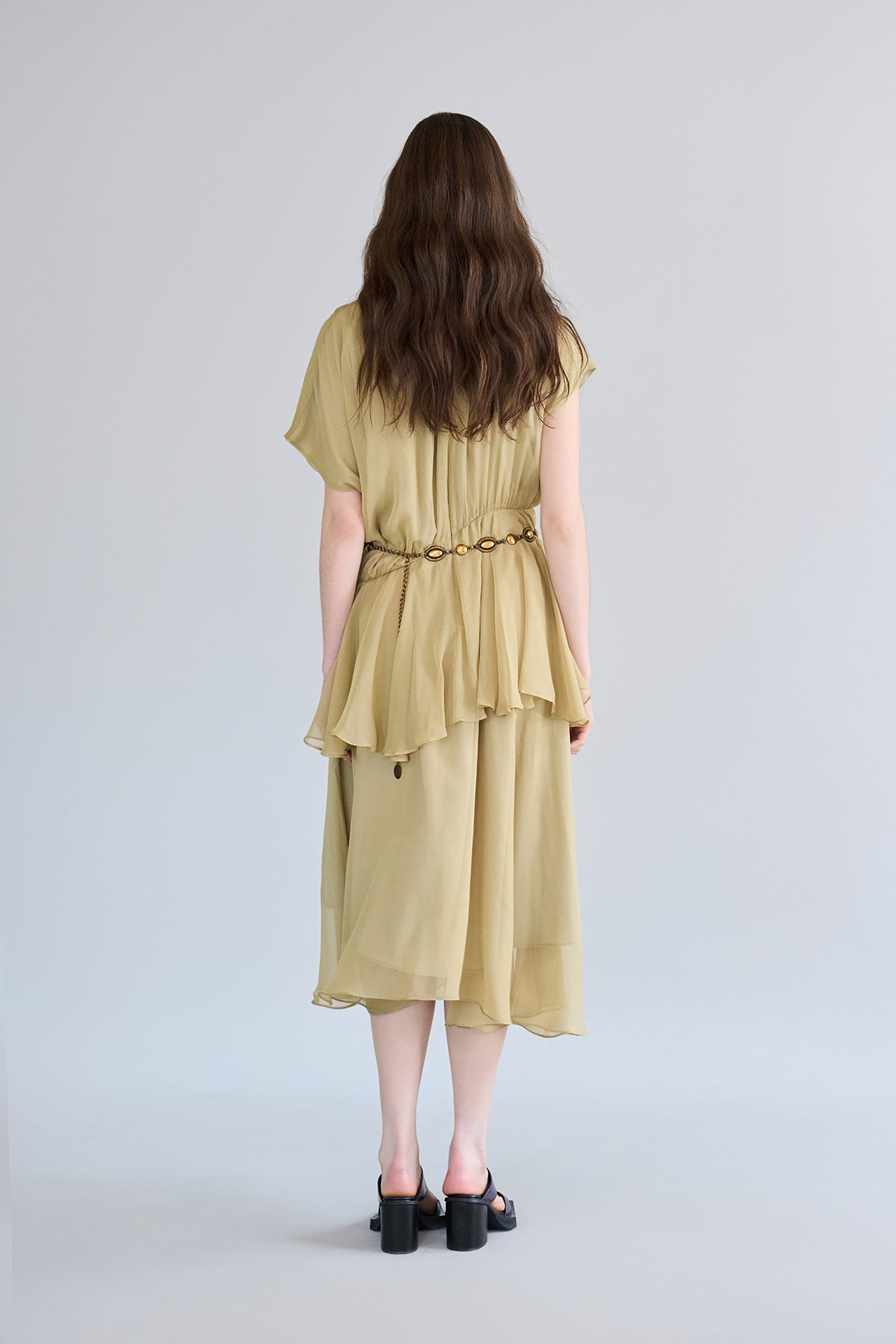 Loose fit asymmetric shirring silk long dress - fasfas