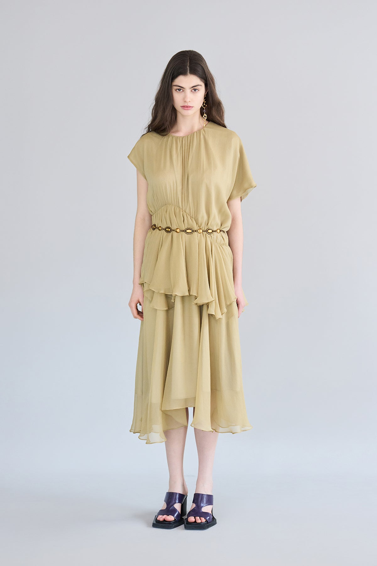 Loose fit asymmetric shirring silk long dress - fasfas