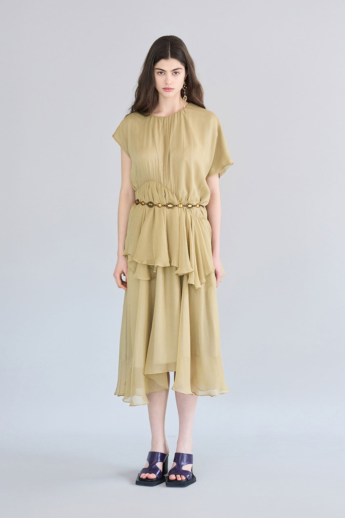 Loose fit asymmetric shirring silk long dress - fasfas