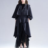 Loose fit cutout cape sleeve asymmetric trench coat black - fasfas