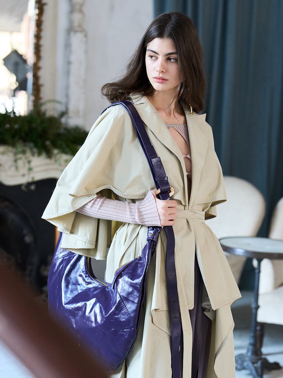 Loose fit cutout cape sleeve asymmetric trench coat - fasfas