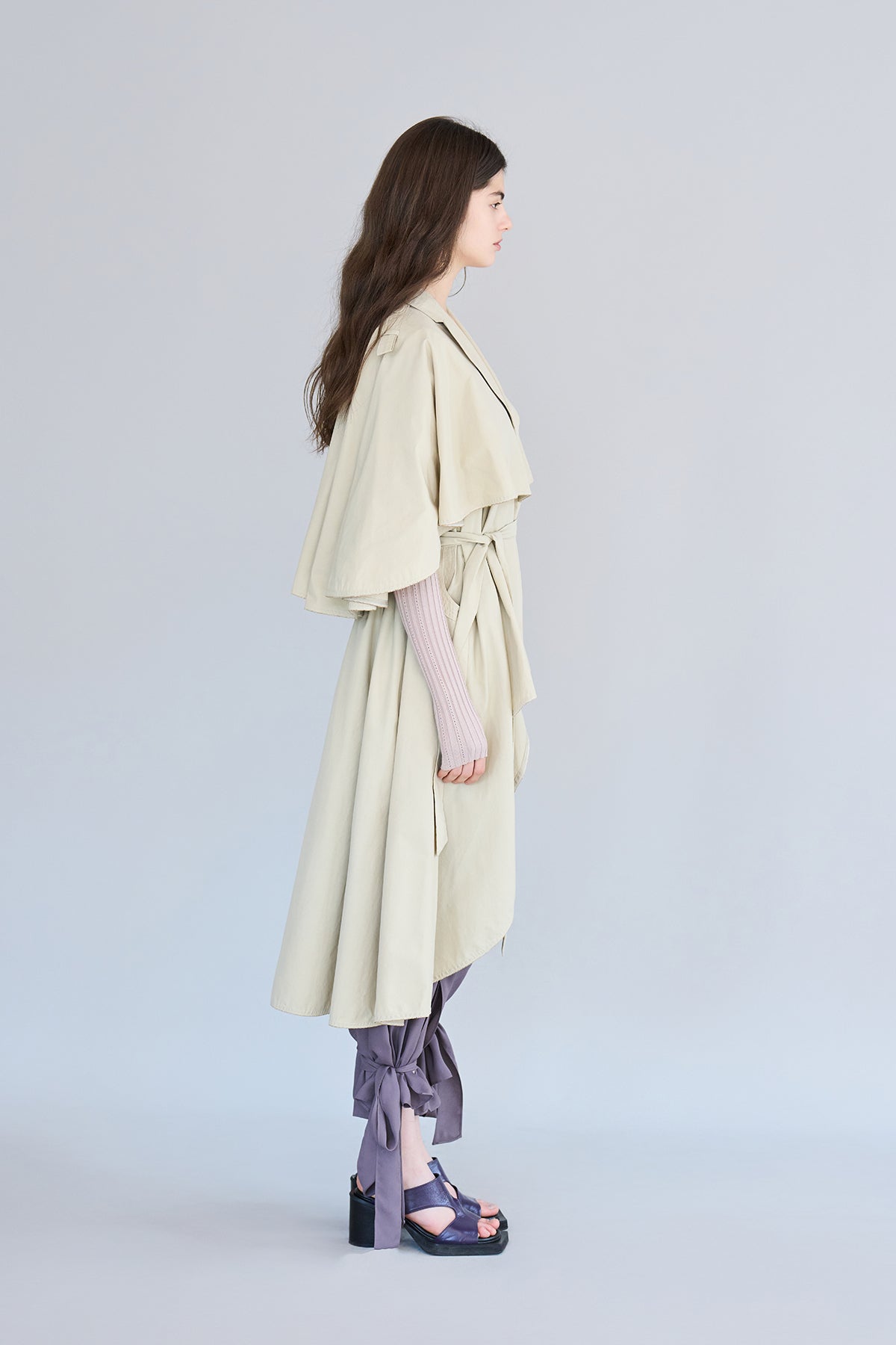 Loose fit cutout cape sleeve asymmetric trench coat - fasfas