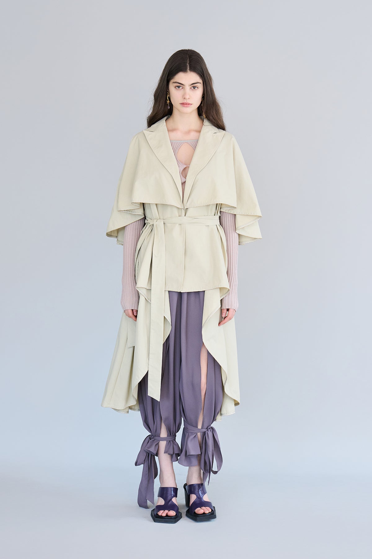 Loose fit cutout cape sleeve asymmetric trench coat - fasfas