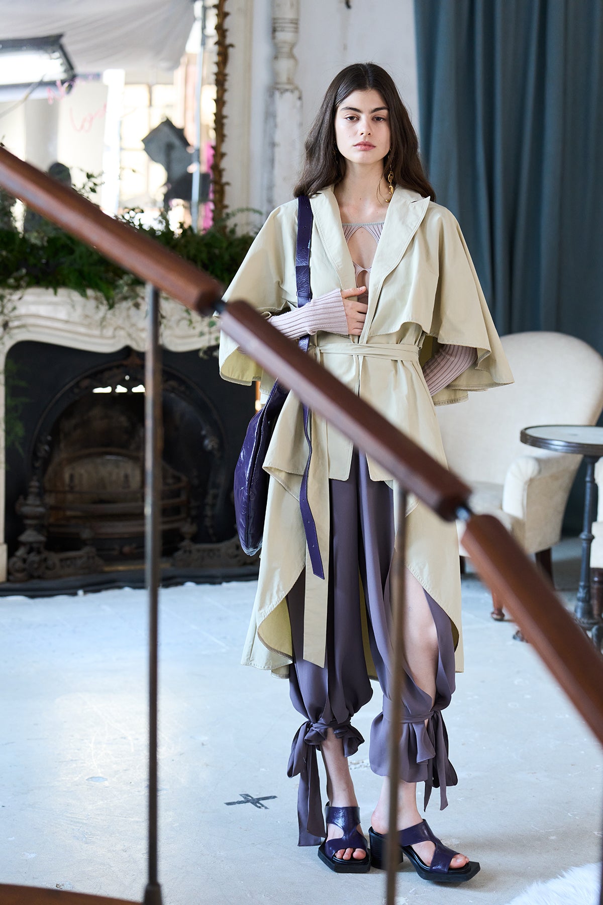 Loose fit cutout cape sleeve asymmetric trench coat - fasfas