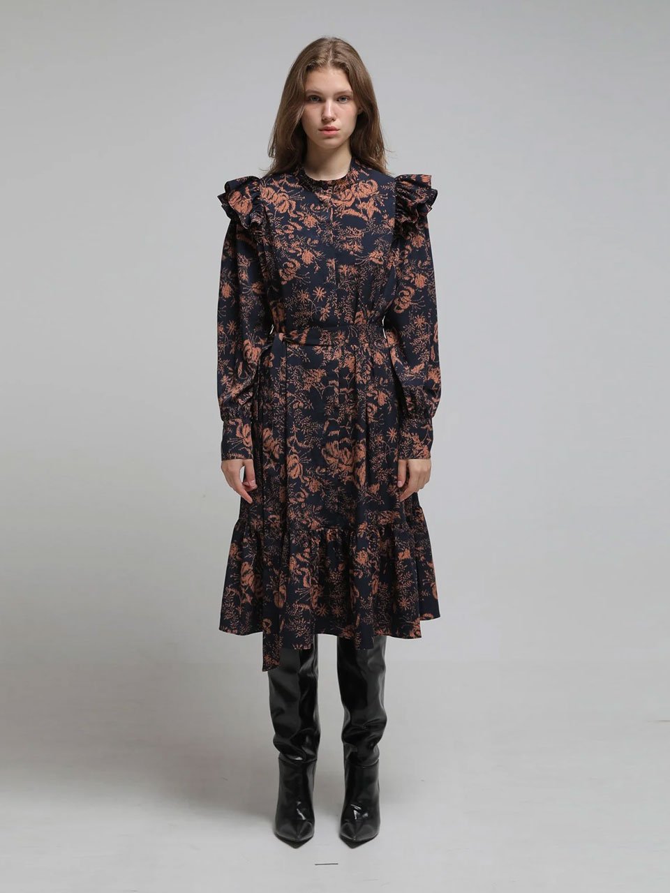 Loose fit flower print shirring long dress - fasfas