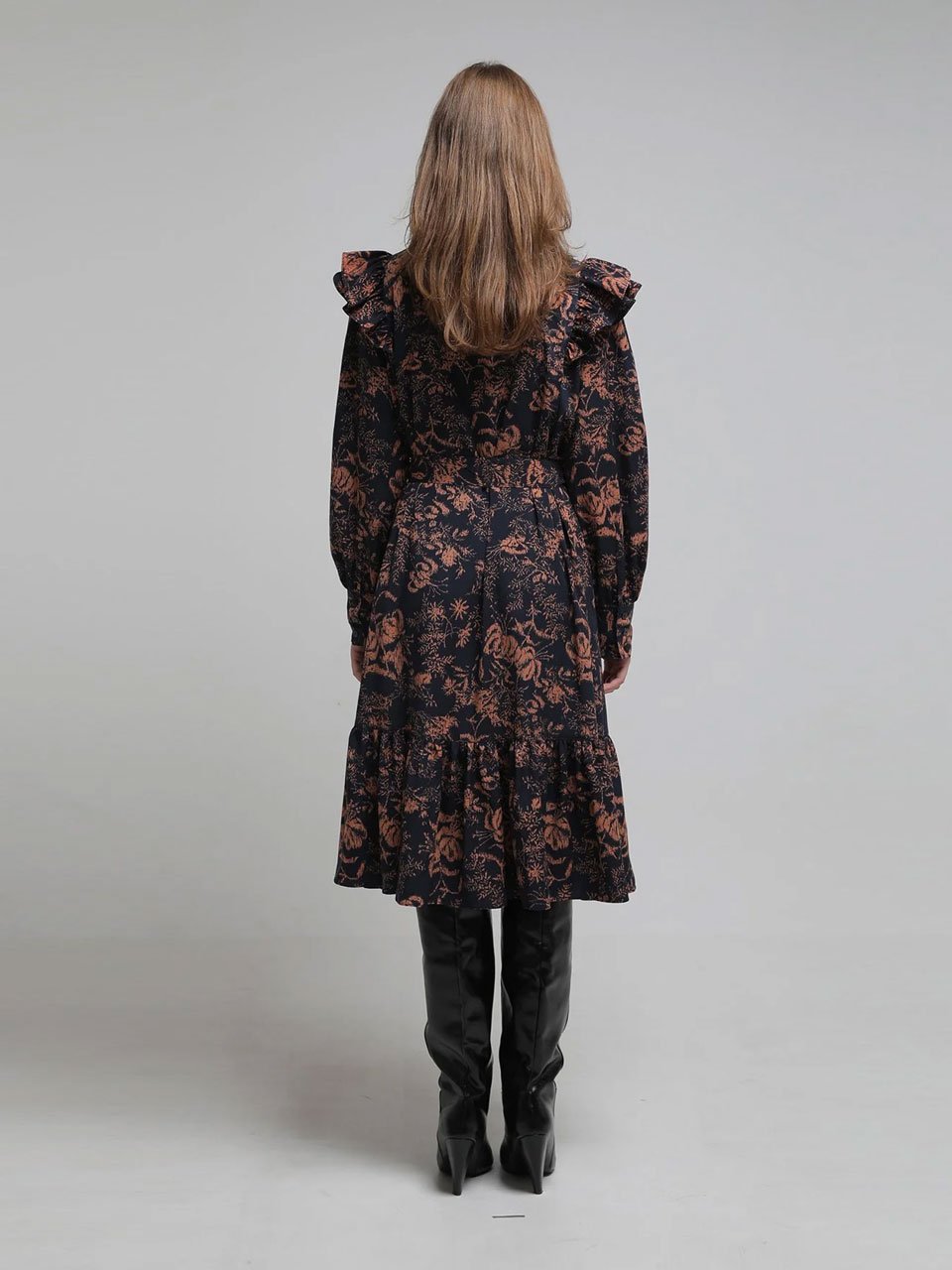 Loose fit flower print shirring long dress - fasfas