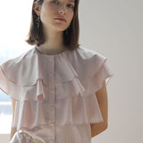 Loose fit 3-tier ruffle sleeveless blouse beige