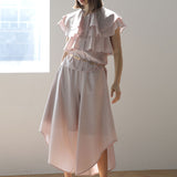 Loose fit 3-tier ruffle sleeveless blouse beige