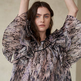 Layered sleeve leopard pattern silk blouse