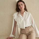 Asymmetric flared collar slit sleeve blouse