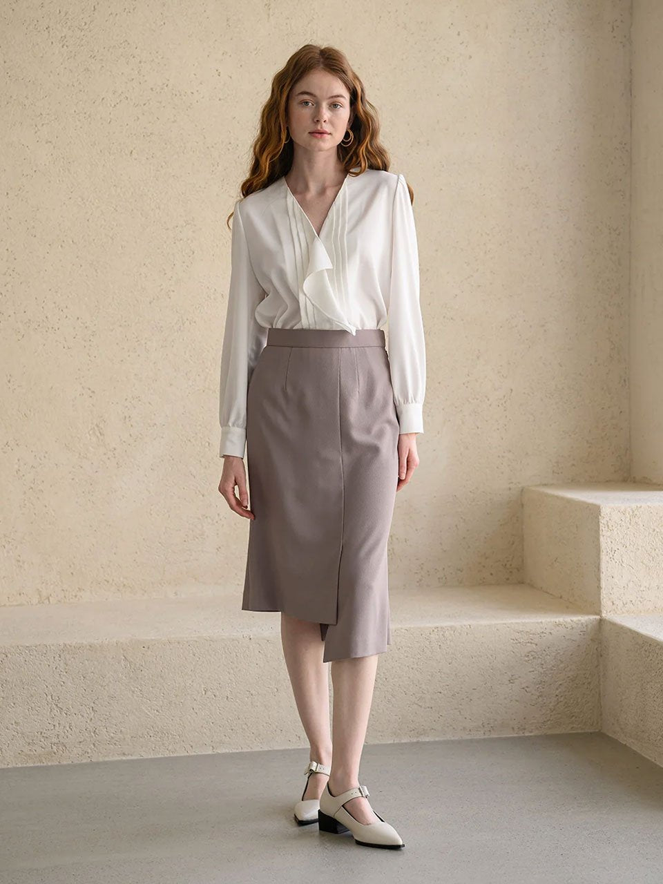 【suzen】Mermaid Unbalanced Frill Skirt Mermaid unbalanced midi skirt taupe gray – fasfas