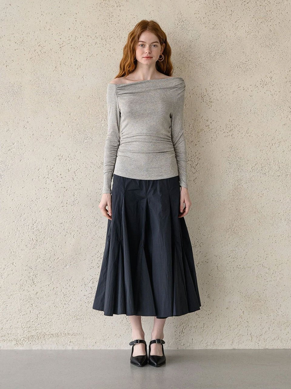 Off-the-shoulder ruched stretch-jersey tee-shirt gray - fasfas
