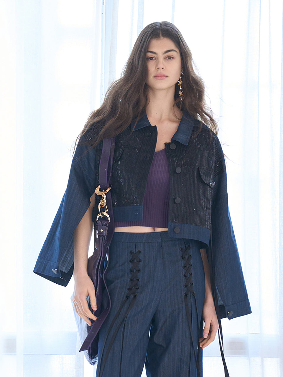 Open sleeve denim spangle crop jacket - fasfas