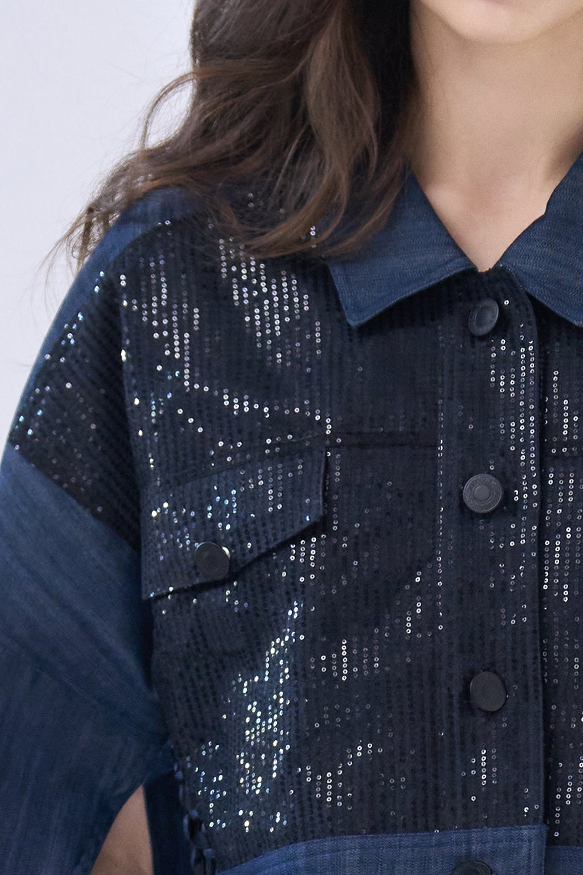 Open sleeve denim spangle crop jacket - fasfas