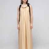 Black ribbon loose fit shirring maxi dress - fasfas