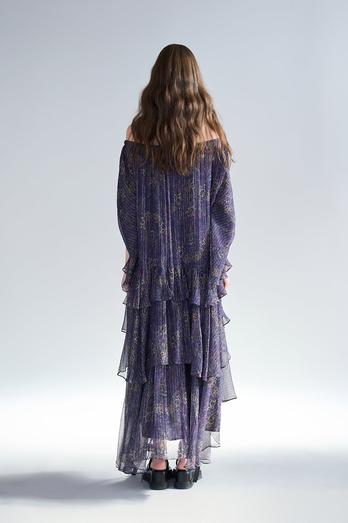Paisley print off-shoulder asymmetric tiered maxi dress - fasfas