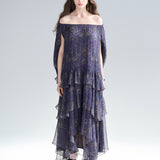 Paisley print off-shoulder asymmetric tiered maxi dress - fasfas