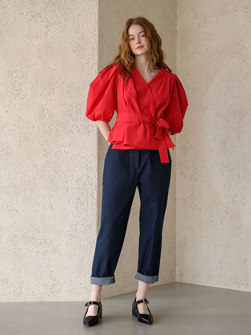 Puff sleeve draped wrap blouse - fasfas