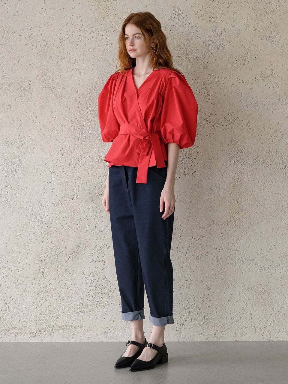 Puff sleeve draped wrap blouse - fasfas