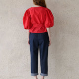 Puff sleeve draped wrap blouse - fasfas