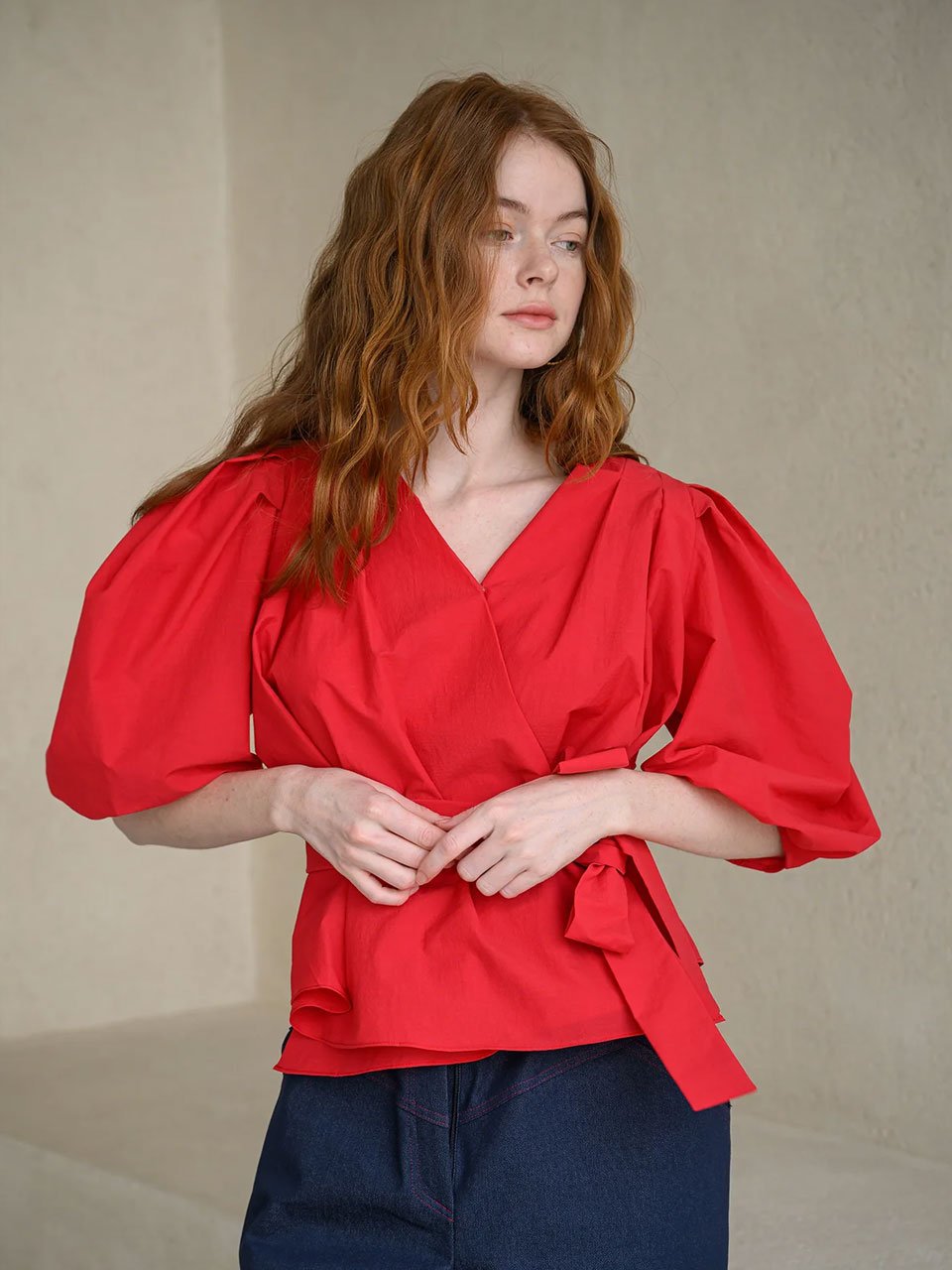 Puff sleeve draped wrap blouse - fasfas