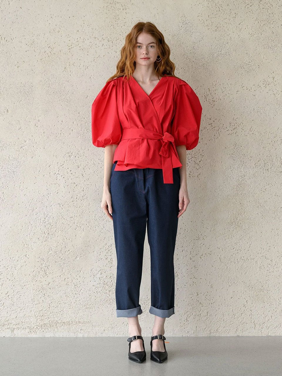 Puff sleeve draped wrap blouse - fasfas