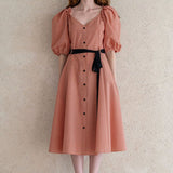 Ribbon puff sleeve a-line dress orange & beige