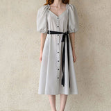Ribbon puff sleeve a-line dress white & black