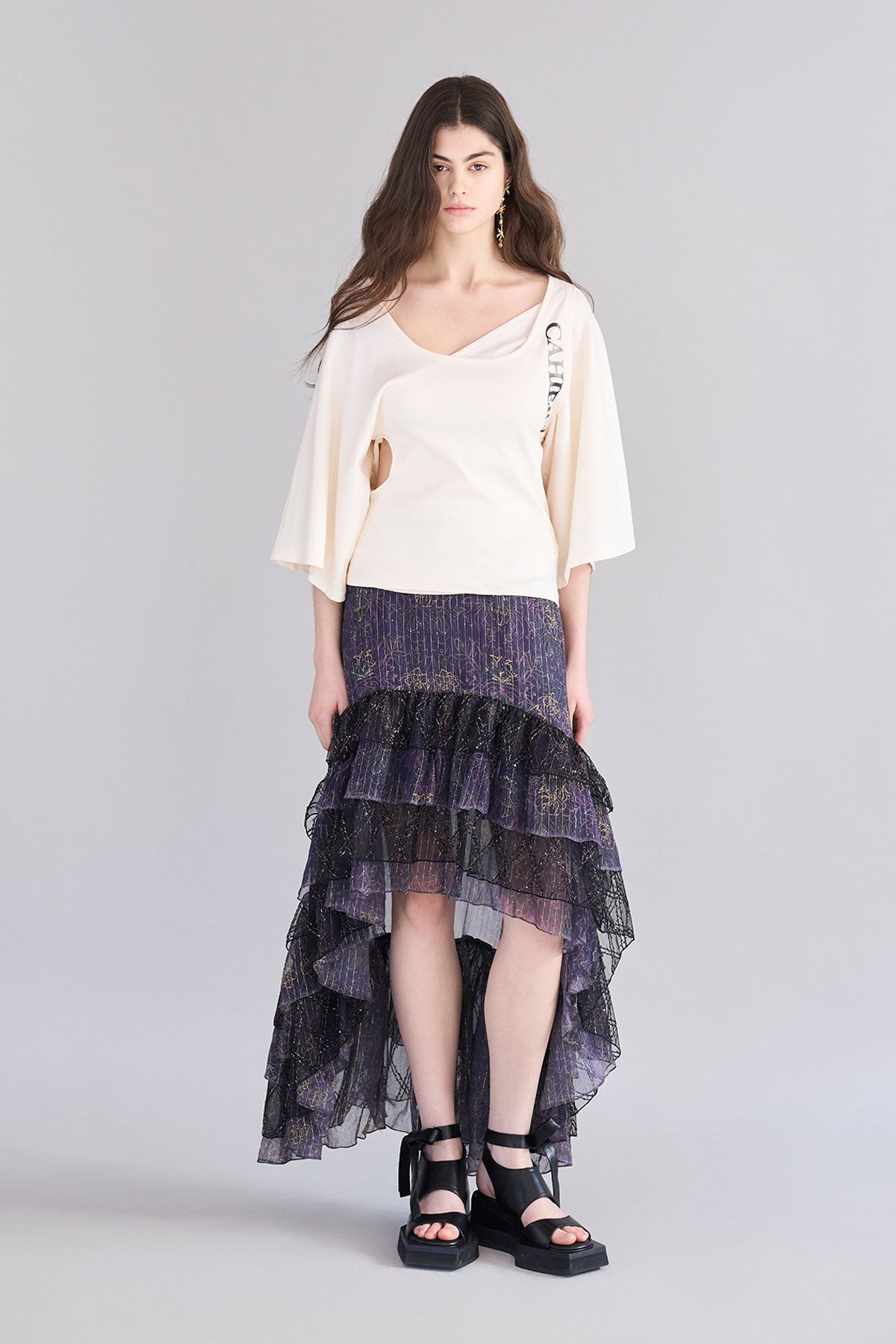 Ruffle tiered asymmetric long skirt purple - fasfas