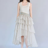 Sleeveless layered asymmetric tiered long dress light green