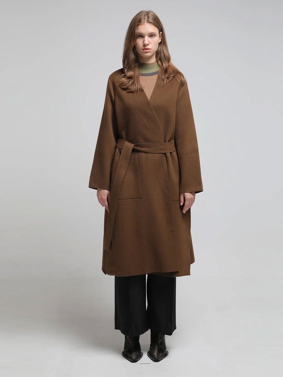 Slim fit no collar handmade wool coat khaki brown - fasfas