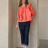 Square neck loose fit ruffle blouse coral - fasfas
