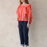 Square neck loose fit ruffle blouse coral - fasfas