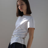 Boat neck asymmetric shirring t-shirt